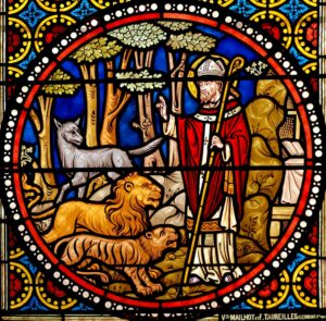 Vibrant stained glass window showcasing a saint with animals in a church setting.